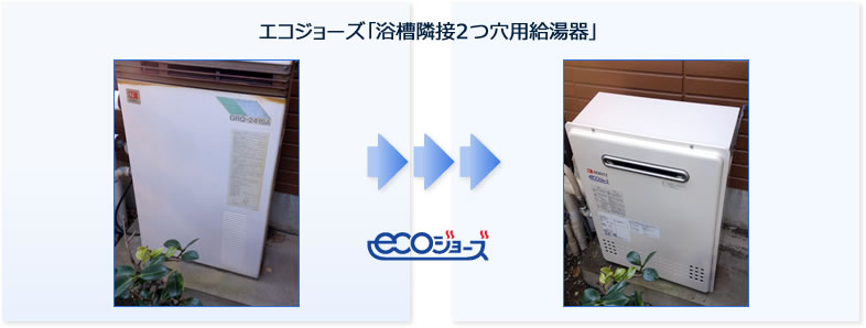 給湯器交換・取り替え・取り付け工事例：エコジョーズ・浴槽隣接２つ穴用給湯器